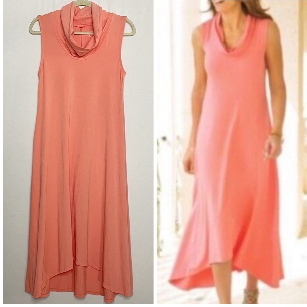Soft Surroundings Coral Soft Stretchy Cowl Neck Sierra High Low Maxi Dress
